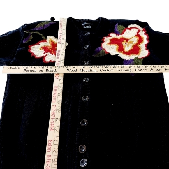 Vintage Cardigan Sweater Floral Bobbled Cable Knit Shoulder Pads Navy Cotton Y2K - Picture 7 of 16